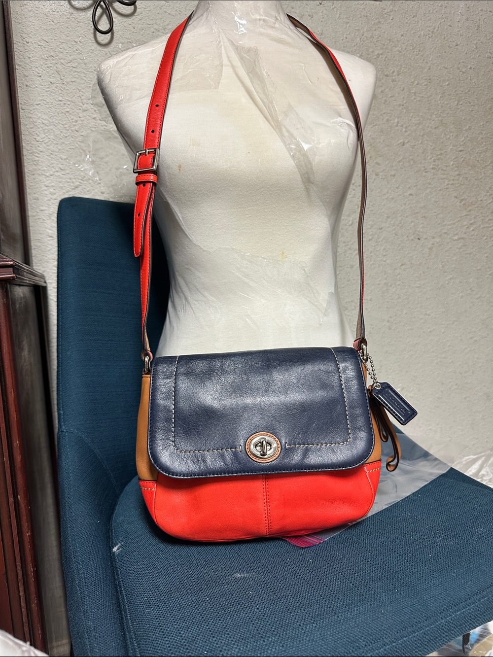 Coach Colorblock Leather Crossbody — Navy, Red & Tan